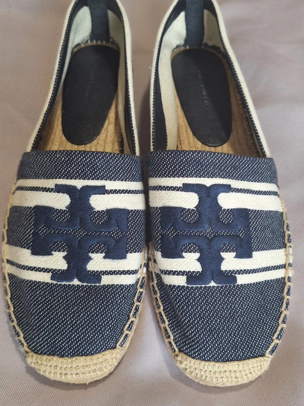 Tory Burch Blue White Double T Jacquard Espadrille Flats Slip-On Women's 11 M